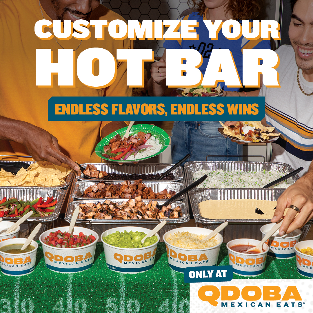 Three people enjoying a customizable hot bar from QDOBA Mexican Eats. The hot bar includes various toppings such as rice, beans, grilled chicken, grilled steak, salsa, guacamole, shredded cheese, and queso. The text on the image reads 'CUSTOMIZE YOUR HOT BAR. Endless flavors, endless wins. ONLY AT QDOBA Mexican Eats.' The setting suggests a game day or tailgate party atmosphere.