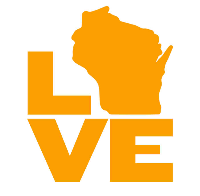 LOVE graphic with the silhouette of Wisconsin in place of the letter 'O', representing QDOBA's strong presence across Wisconsin and local catering expertise.