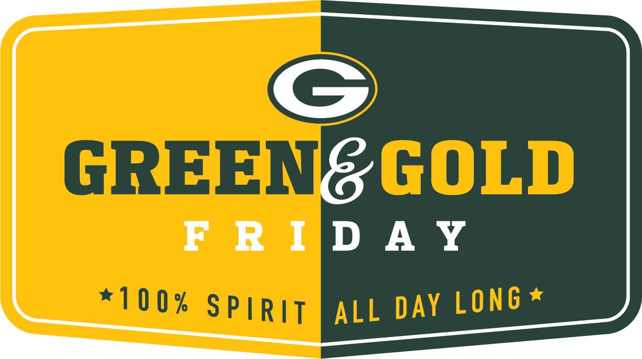 Green and Gold Friday promotion graphic featuring the iconic Green Bay Packers 'G' logo, celebrating team spirit with 100% dedication all day long, in association with QDOBA's special offers.